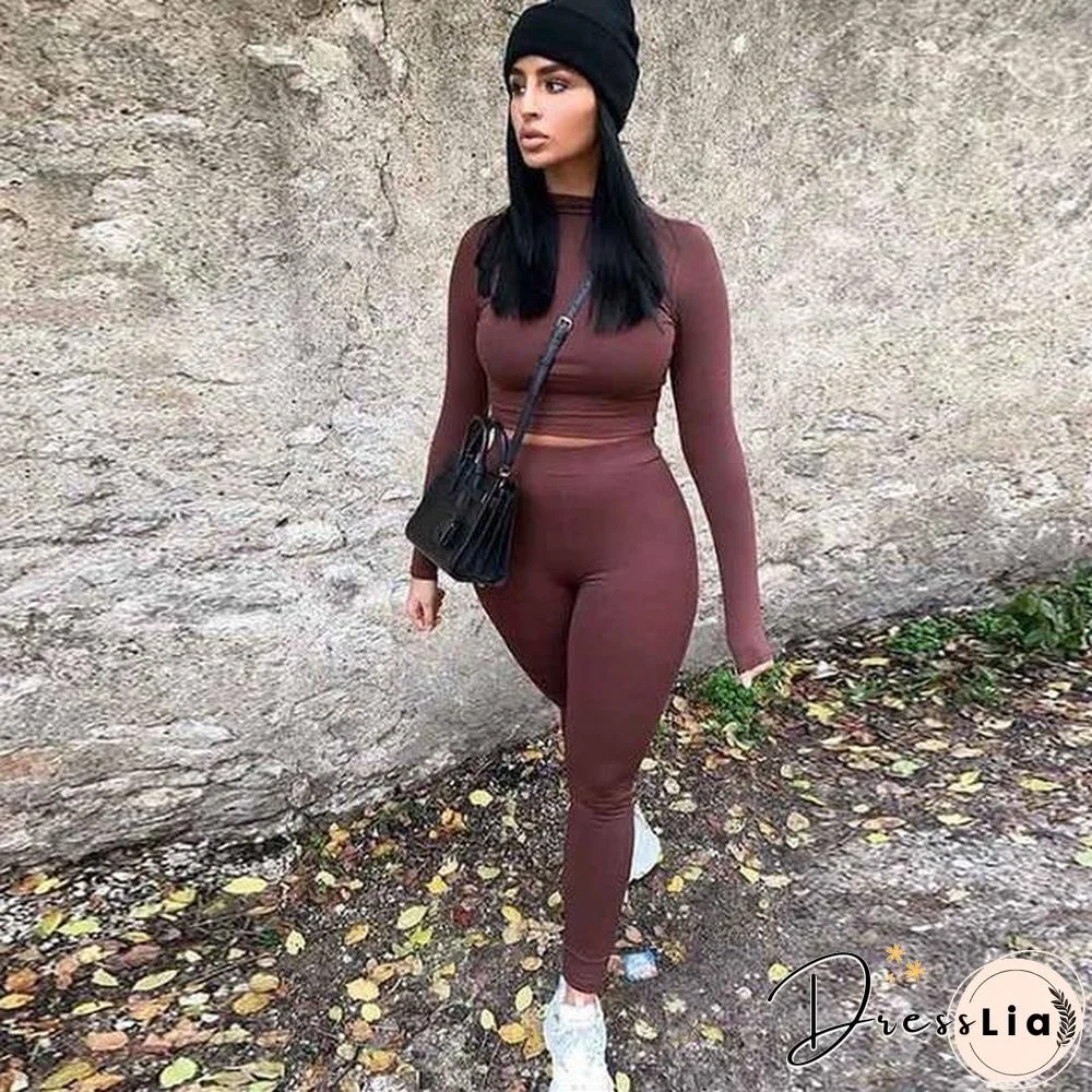 Winter Women Sport Fitness 2 Two Piece Set Outfits Long Sleeve Crop Tops Tshirt Leggings Pants Set Bodycon Tracksuit