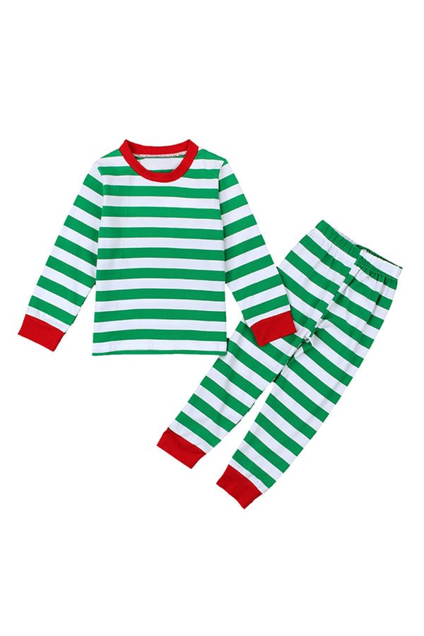 Crew Neck Long Sleeve Stripe Christmas Kids Pajama Suit Green-elleschic