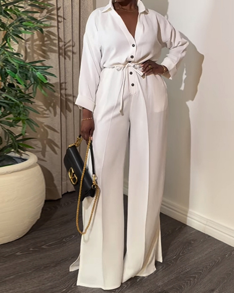 Deep-V Long Sleeve Drawstring Waist Wide Leg Jumpsuit