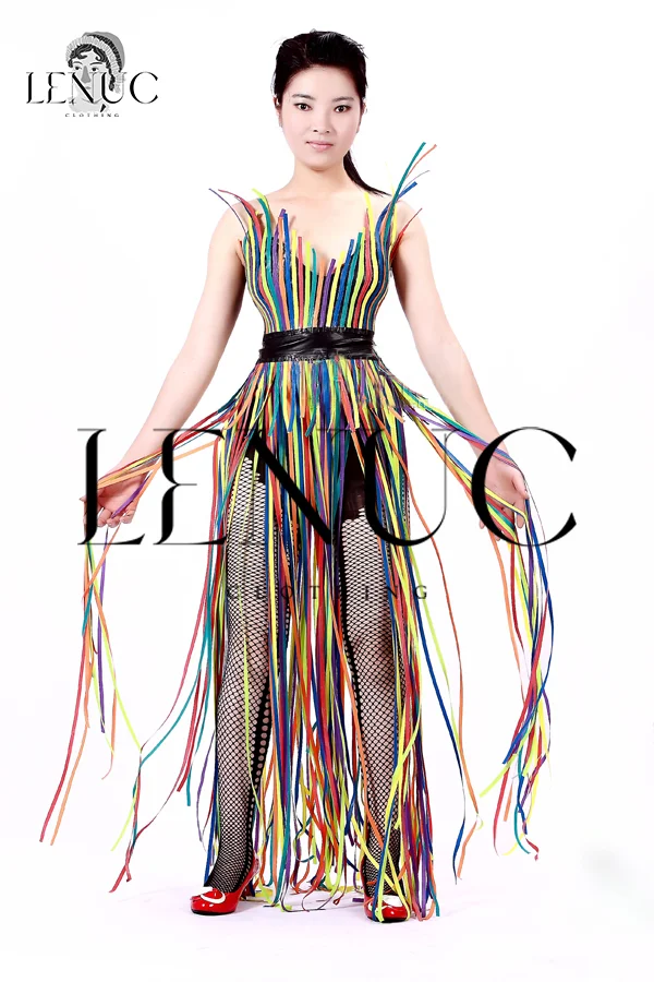 Women Latex Dress Lovestrands Vibrant Multicolor Strip Dress with Black Belt (KG28925)