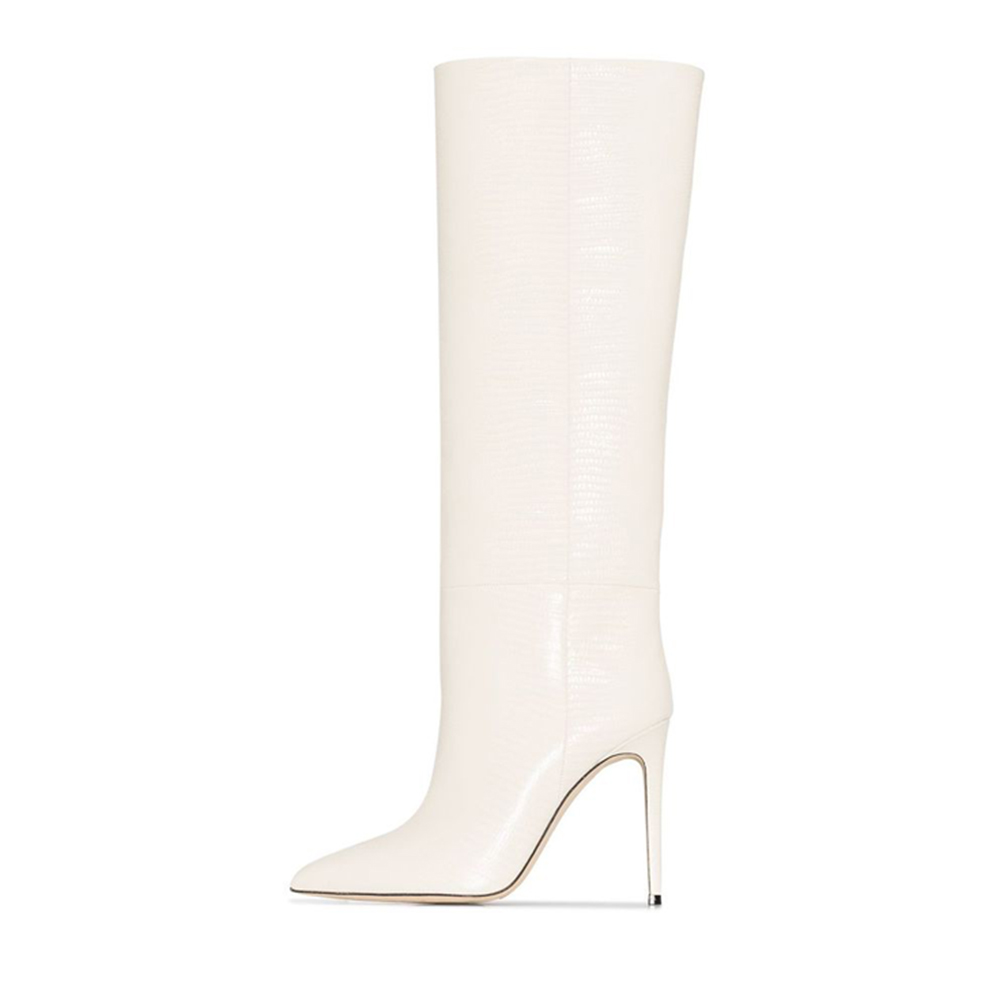 White Closed Toe 4'' Stiletto Heel Knee High Winter Boots Nicepairs