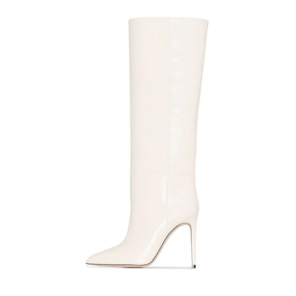 White  Closed Pointed Toe Knee High Winter Boots With Stiletto Heels Nicepairs