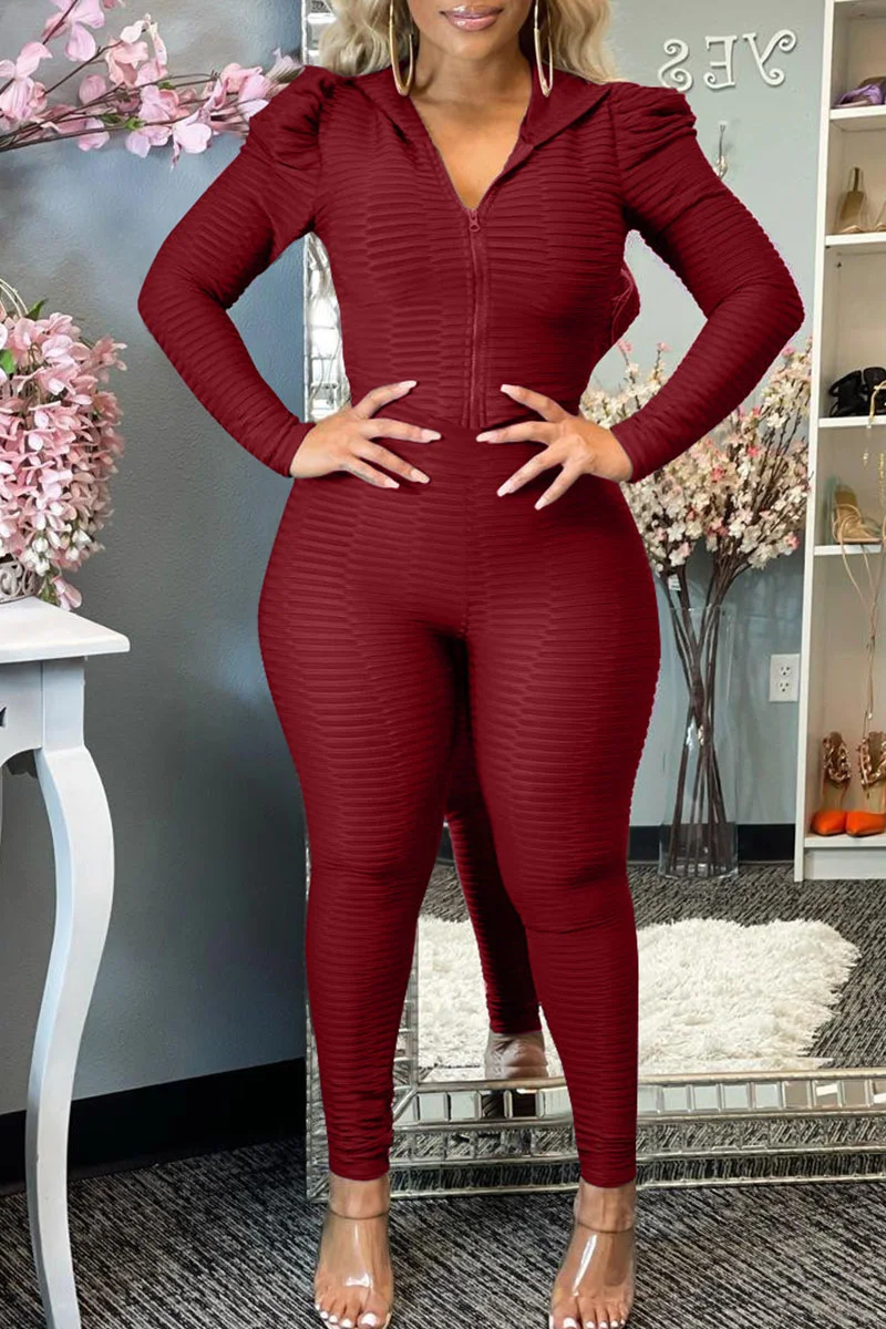 Red Casual Sportswear Solid Patchwork Fold Hooded Collar Long Sleeve Two Pieces | EGEMISS