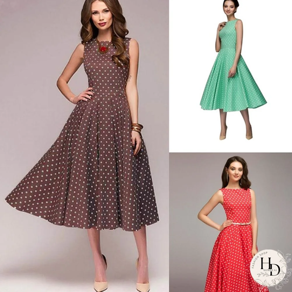 Fashion Women Vintage Polka Dot Swing Party Dresses Sleeveless O-neck Elegant Dress Casual Boho Midi Dress