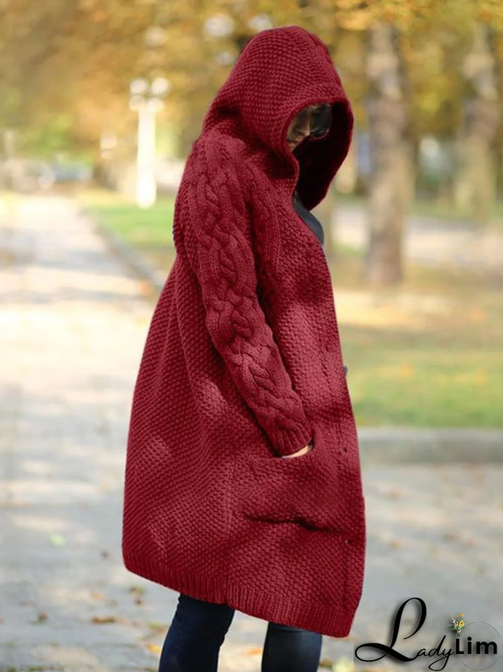 Casual Chunky Pocket Cable-knit Button Front Hooded Sweater Jacket