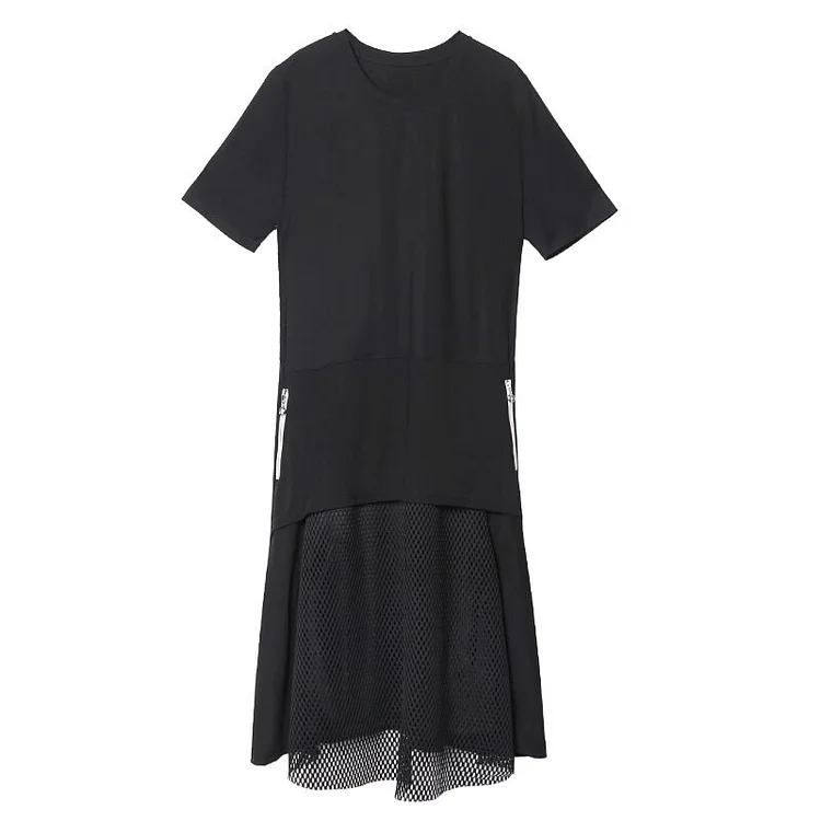 Street Style O-neck Mesh Patchwork Pockets Short Sleeve Dress    