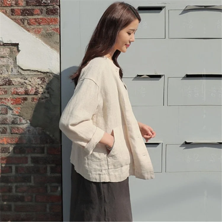 Ailegogo New 2021 Summer Fall Women's Jacket Fashionable Casual Loose Pockets Outerwear Short Cotton and Linen Tops JK8109