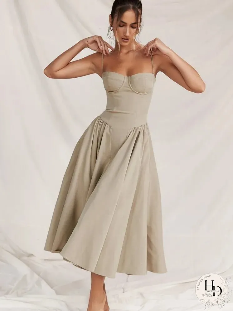 Elegant Solid Sling Long Pleated Dress Chic Sleeveless Backless A-Line Summer Party Club
