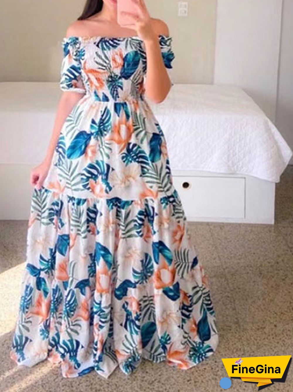 Women Sleeveless Off-shoulder Floral Printed Dress