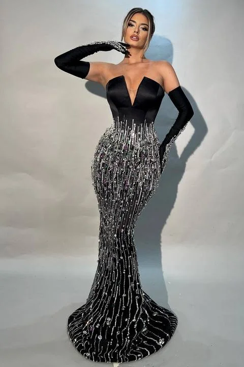 Daisda Gorgeous Black Strapless Beadings Mermaid Prom Dress with Gloves