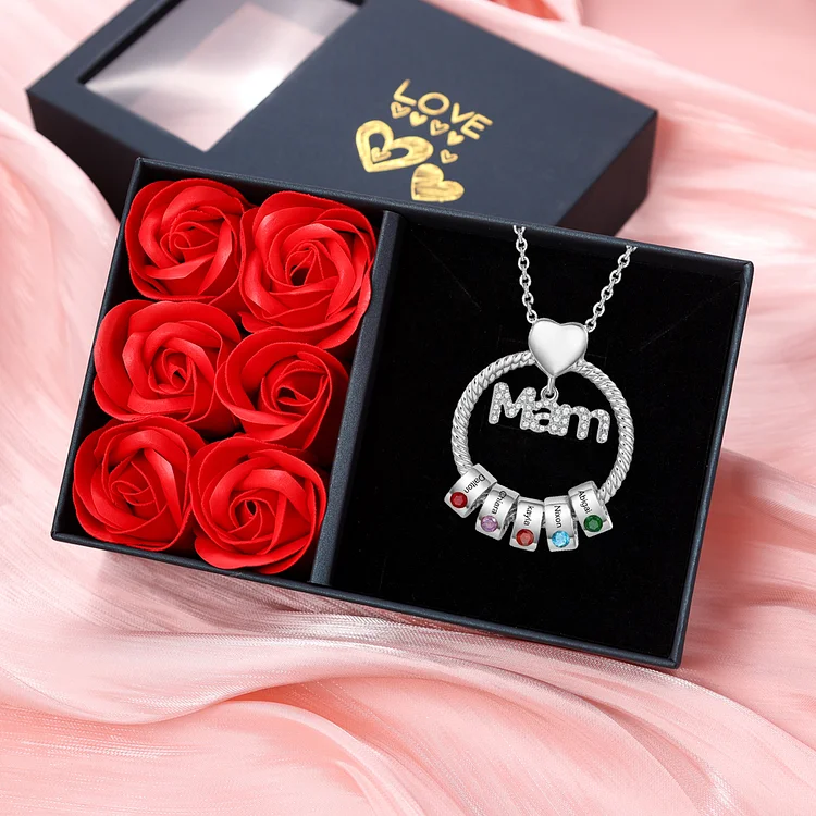 5 Names-Personalized Mam Circle Necklace With 5 Birthstones Pendant Engraved Names Gift Set With Rose Gift Box For Mother