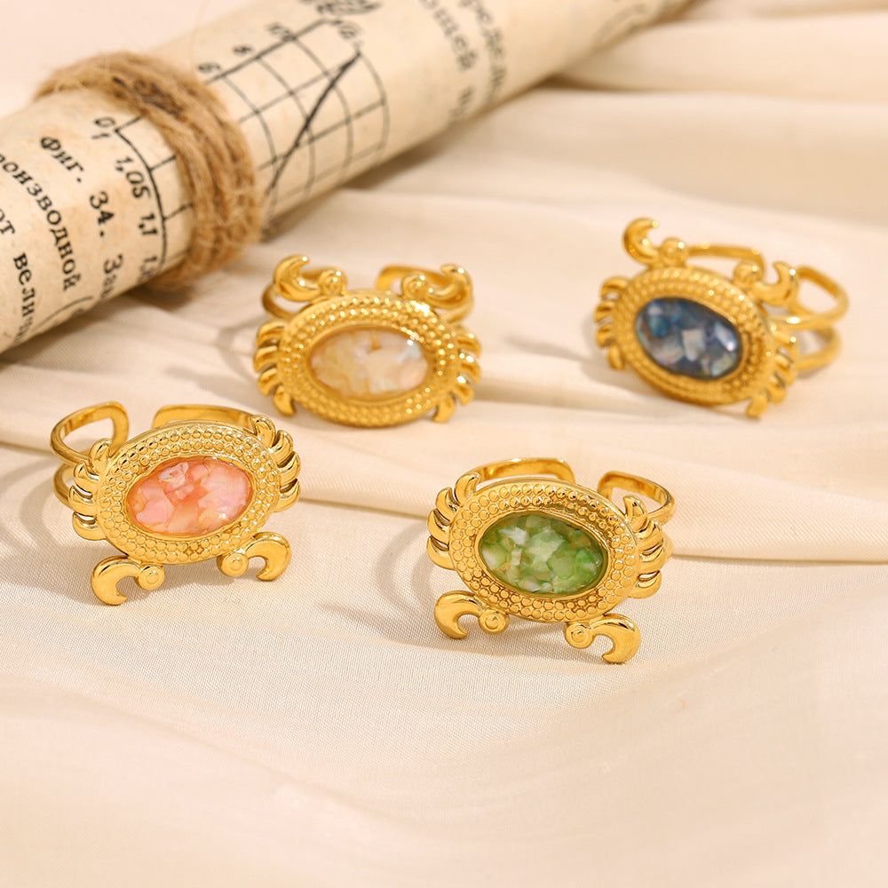 Personalized Niche Stainless Steel Plated 18K Gold Crab Oil Broken Shell Open Ring For Women