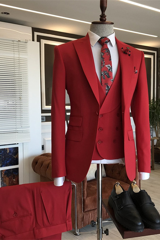 Bellasprom Modern Three Piecess Suit For Men Wedding Red With Peaked Lapel Bellasprom