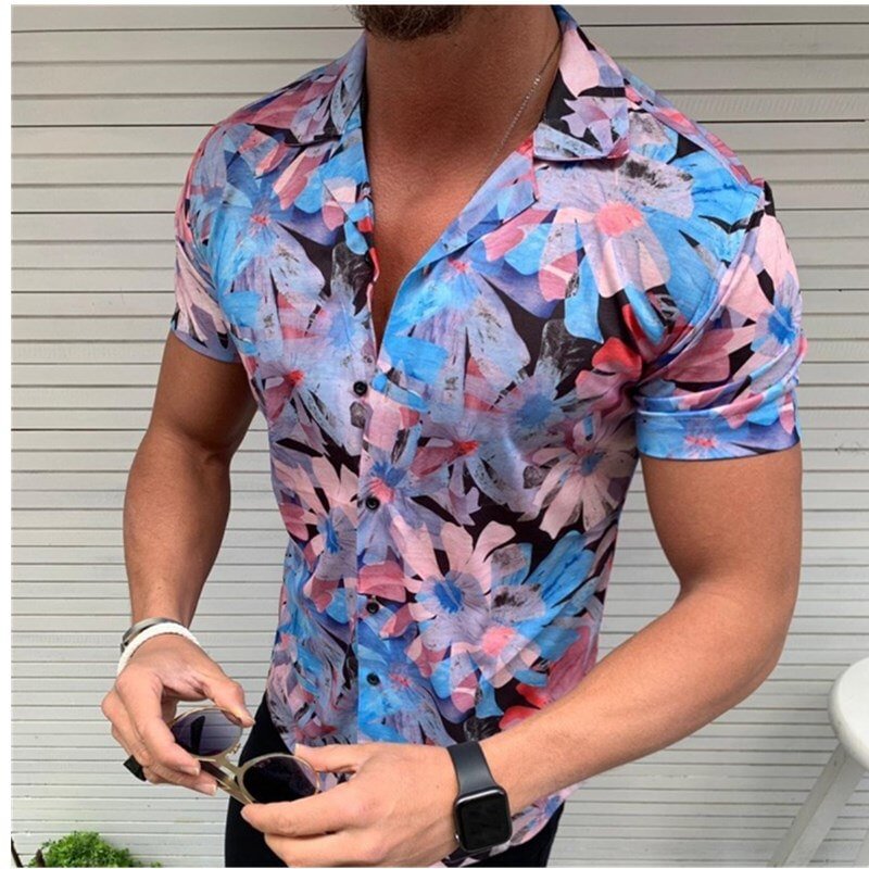 2020 New Men's Floral Shirt Short Sleeve Casual Shirt Fashion Rose Flower  Printed V neck Collar Slim Fit Shirt For Mens Clothin