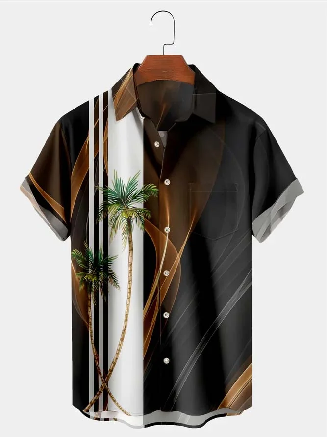 Mens Hawaiian Coconut Tree Print Men's Black Chest Bag Shirt Plus Size Shirt