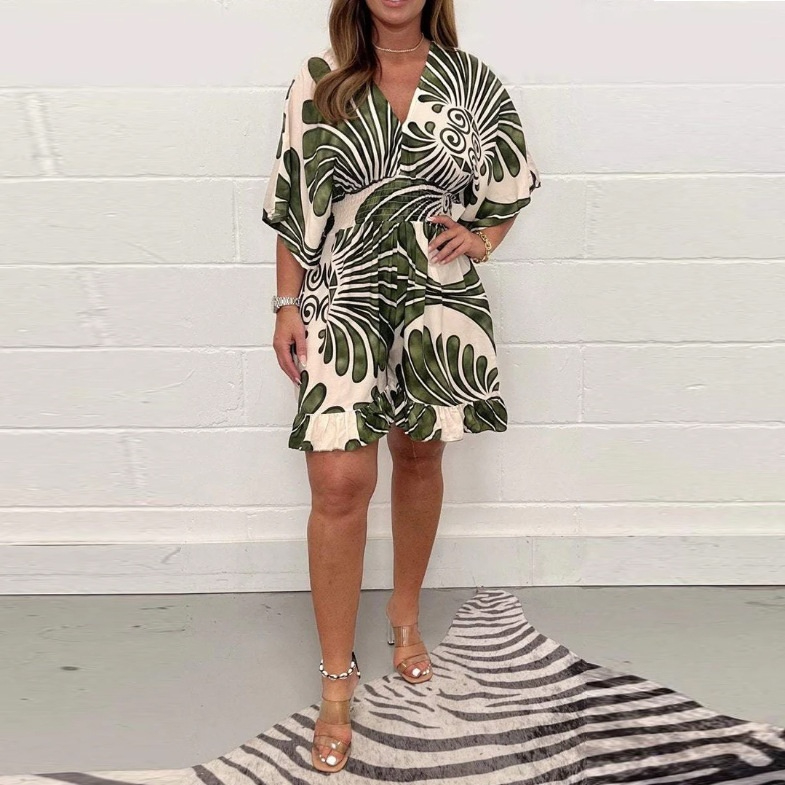 Mature Women Summer Fashion Floral-print Backless Lace-up Jumpsuit