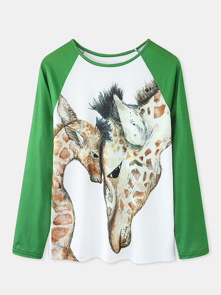 Giraffe Print Patchwork O neck Long Sleeve Casual T Shirt For Women P1792266