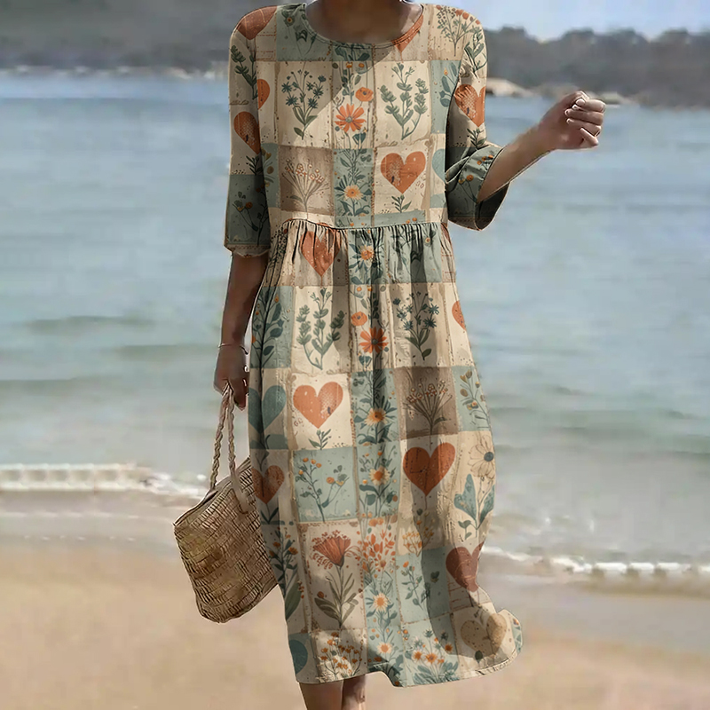 Women's Flowers Love Pattern Linen Blend Loose Three-quarter Sleeve Dress wearshes
