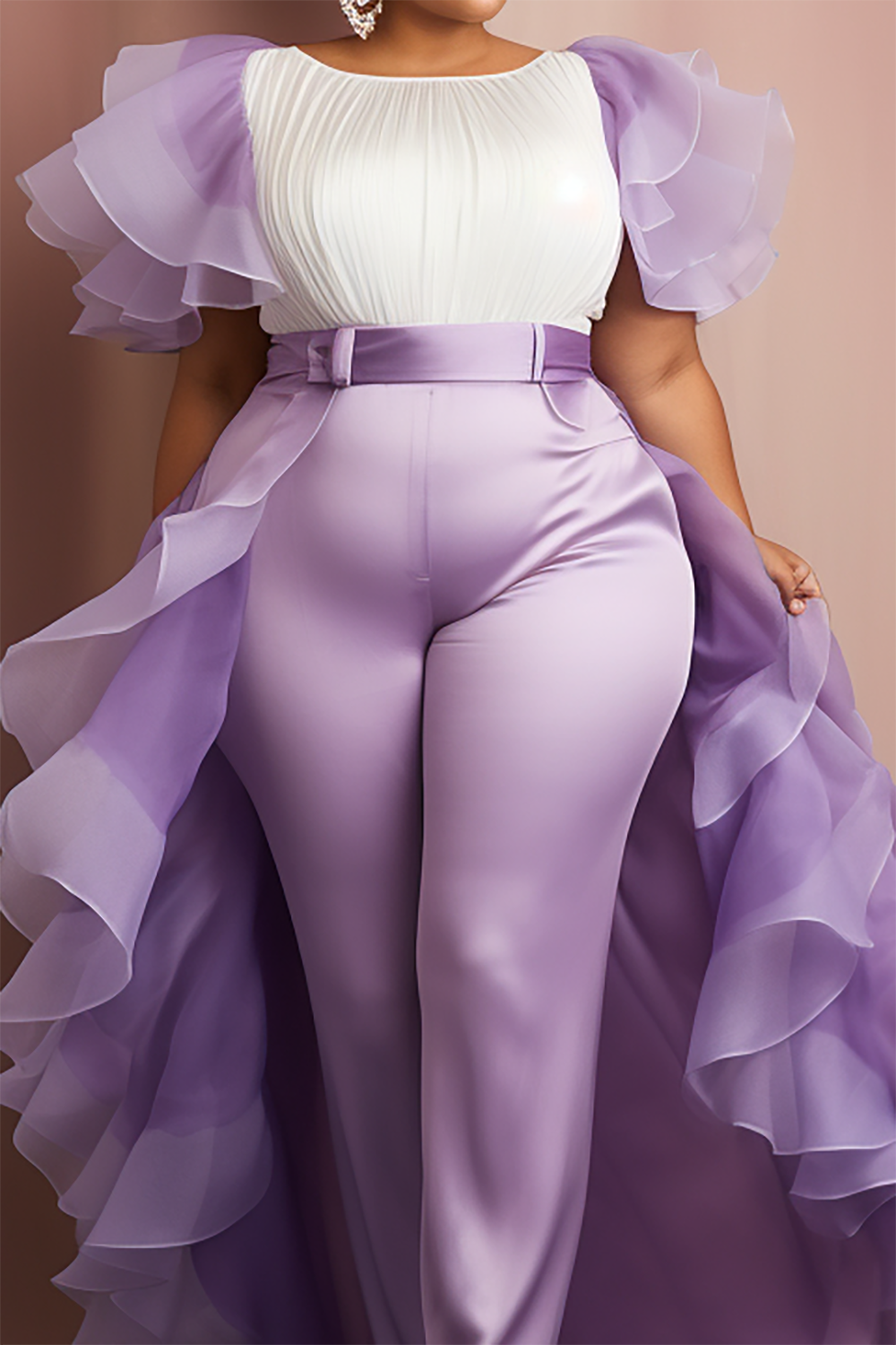 Design Plus Size Semi Formal Elegant Purple Round Neck Petal Sleeve Short Sleeve Peplum Ruffle Organza Jumpsuits [Pre-Order]