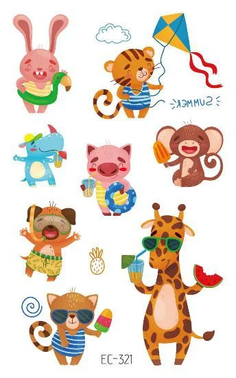 24 kinds Cartoon Animals Temporary Tattoo Stickers for Kids Lion Tiger Giraffe Elephant Fox Hedgehog Turtle tatouage temporaire