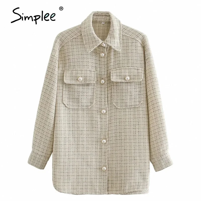 Simplee Elegant Pearl Tweed Plaid Shirt Women Autumn Winter Casual Loose Oversized Long Shirt High Street Fashion Women's Blouse