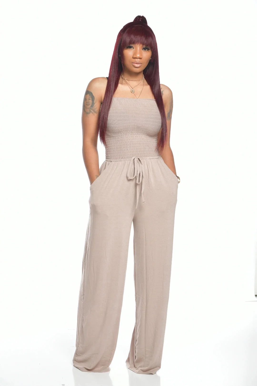 Toloer Toloer New Women's Casual Flat Shoulder Wrapped Chest Wide-Leg Jumpsuit-Outfit Ideas