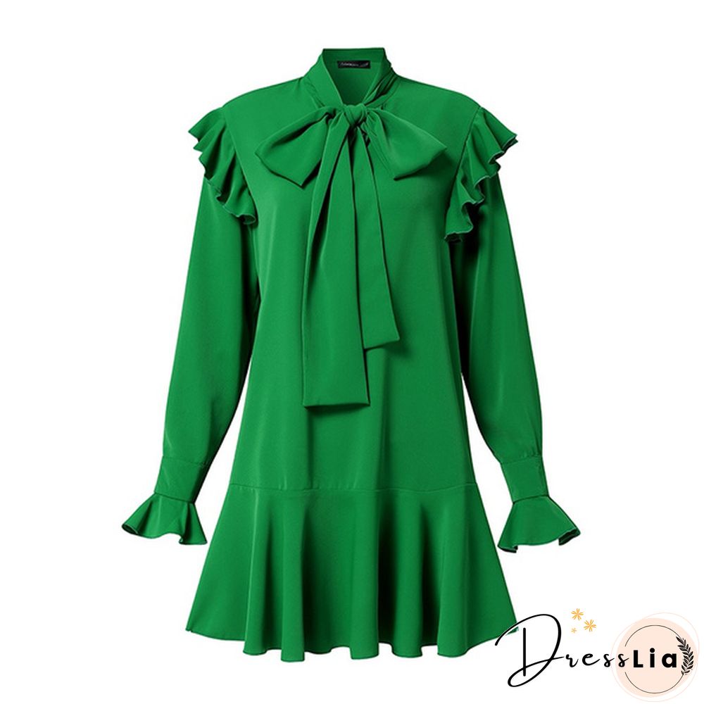 Women Long Sleeved Mini Dress Vestidos Bowknot Ruffled Party Elegant Casual Pleated Short Dress Plus Size