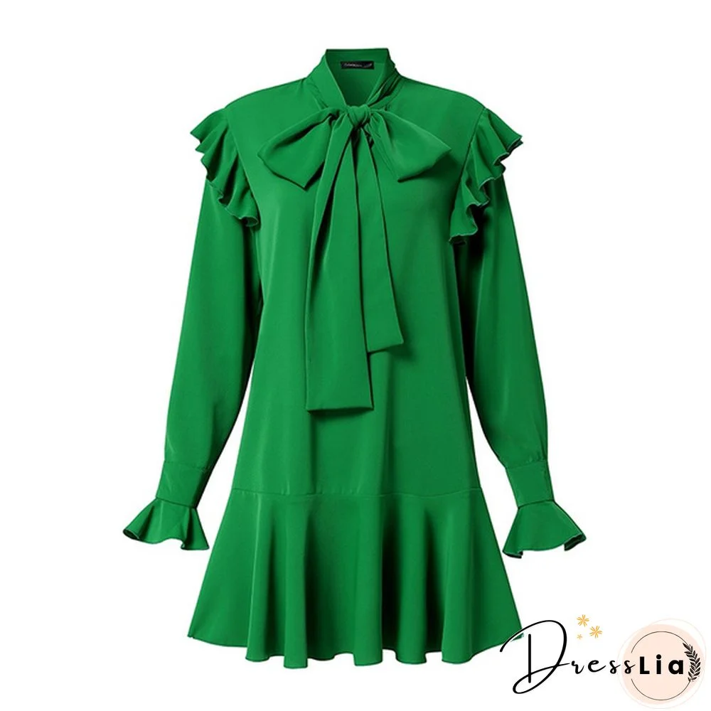 Women Long Sleeved Mini Dress Vestidos Bowknot Ruffled Party Elegant Casual Pleated Short Dress Plus Size