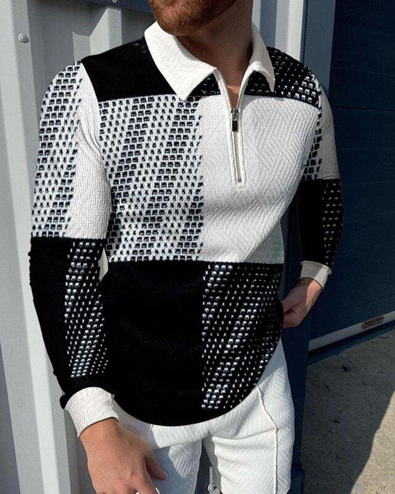 men's casual black and white printed polo long sleeves