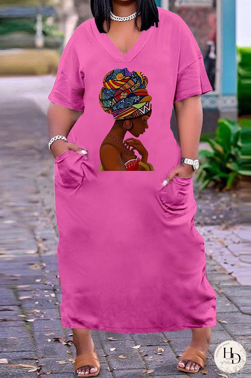 Rose Brown Fashion Casual Plus Size Print Basic V Neck Short Sleeve Dress