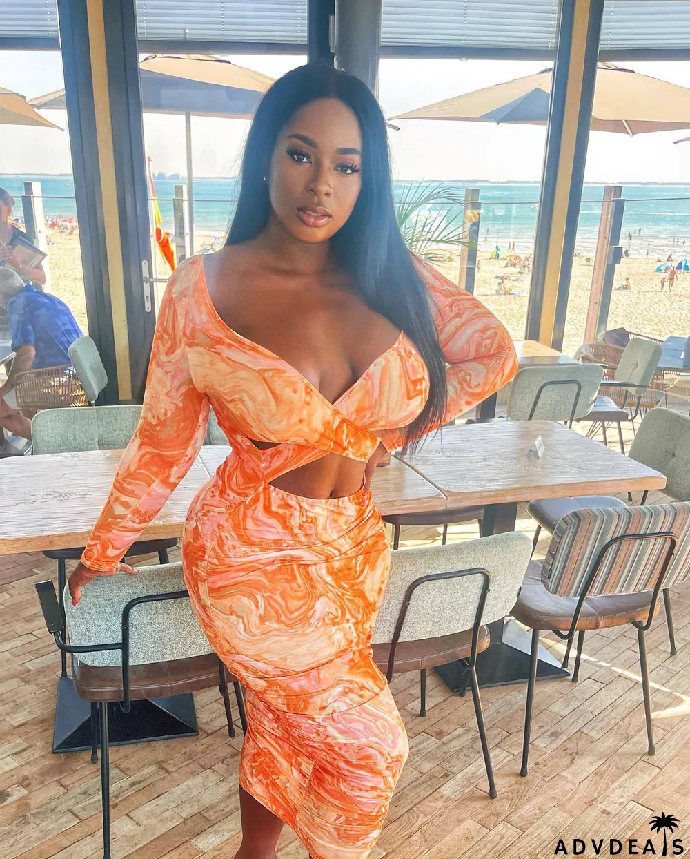 Autumn And Winter Tie-dye Print Hollow Wrinkle Pleated Big V-neck Dress