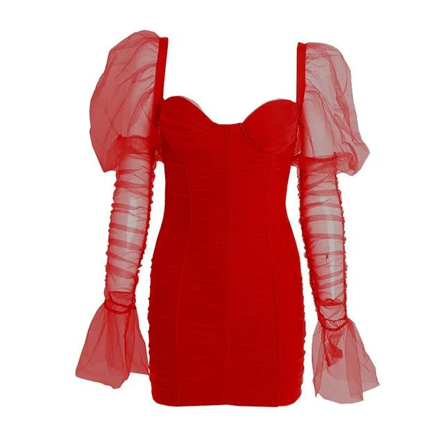 Long-sleeved mesh see-through puff sleeve evening dress-zachics