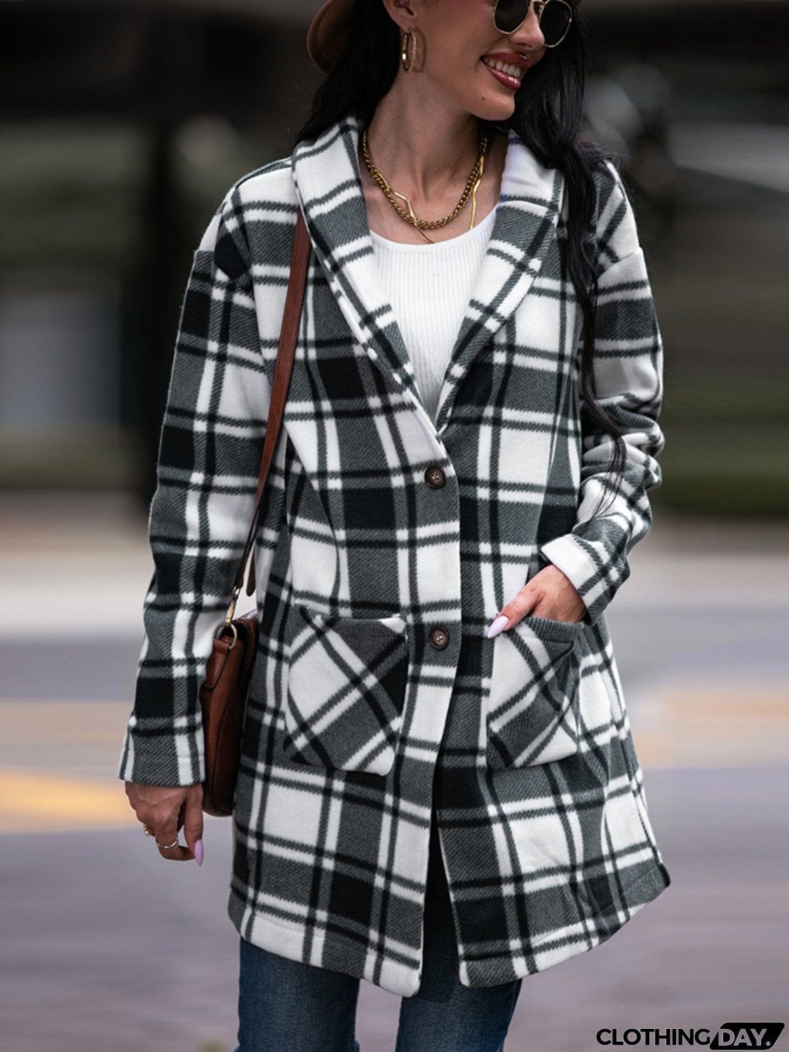 Plaid Shawl Collar Coat with Pockets