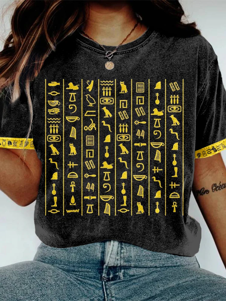 Ancient Egyptian Hieroglyphs Pattern Washed T Shirt