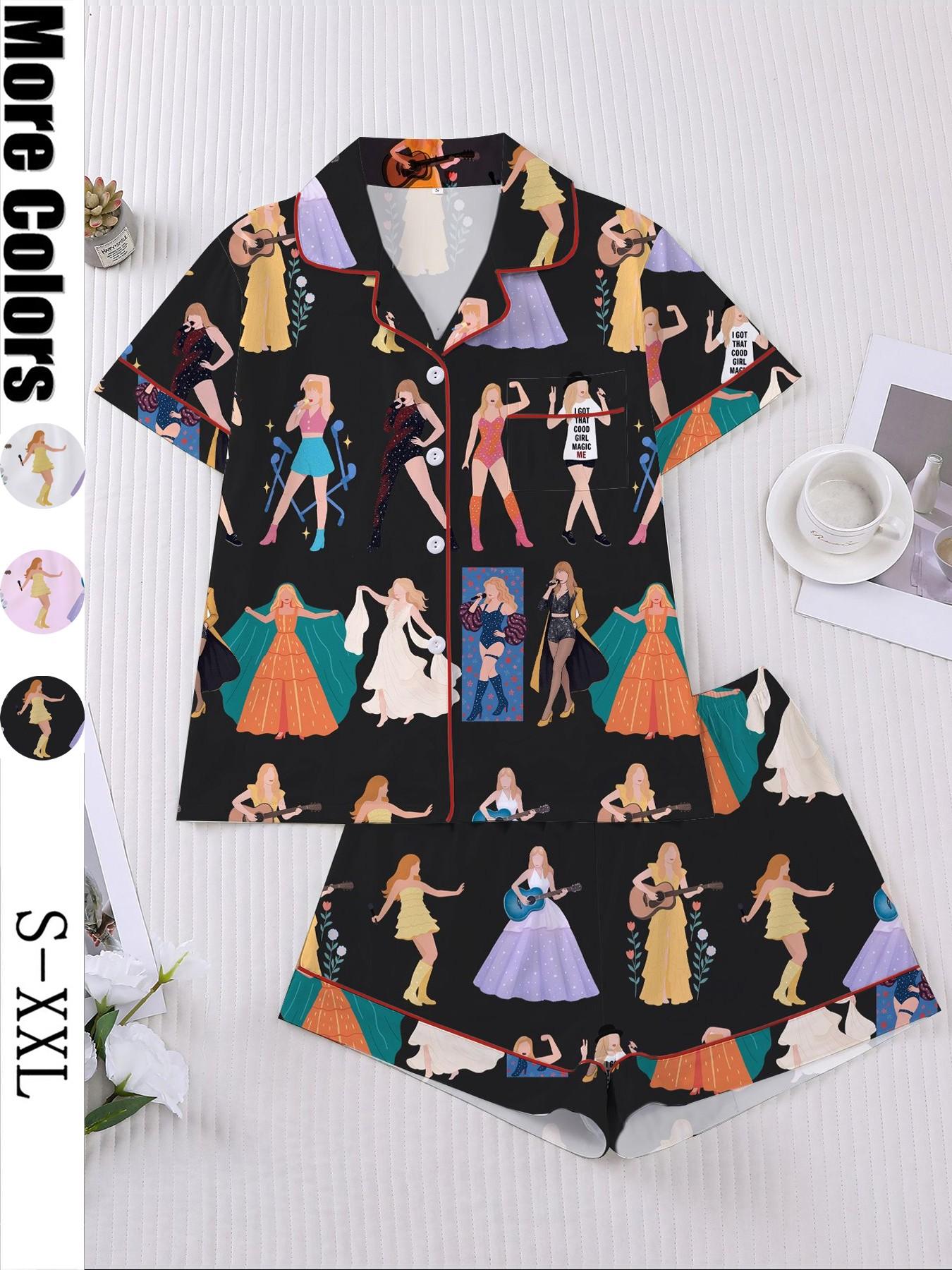 Women's Concert Movie Print Sleepwear Set, Pajama Set, Short Sleeve Button-Down Soft Top and Loose Elastic Shorts, Casual Home Wear for Swift Fans