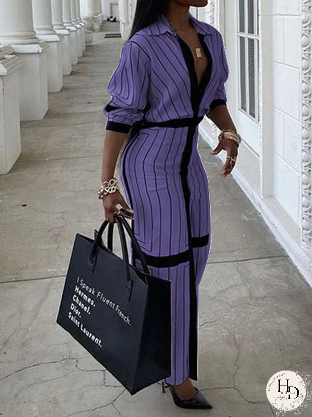 Women'S Dresses Striped Lapel Button Long Sleeve Shirt Dress