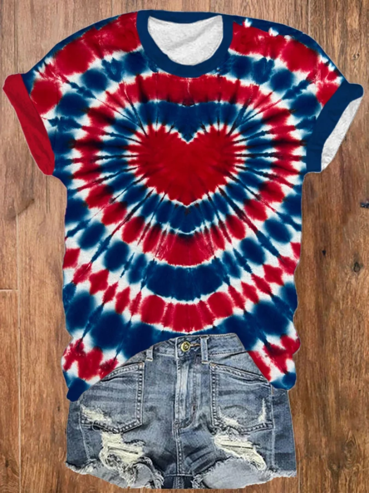 Comstylish Women's Independence Day Red And Blue Tie-dye Heart Print Round Neck T-shirt