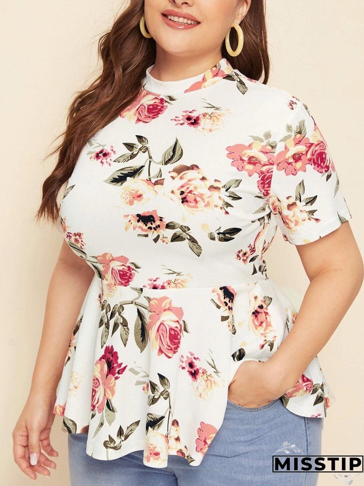 Printed Crew Neck Short Sleeve Top Knit T-Shirt