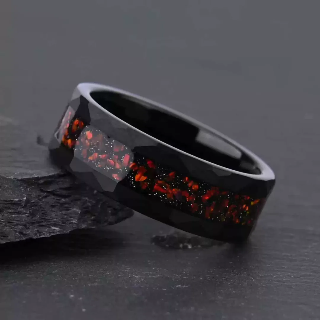 8MM Hammered Black Tungsten Carbide Rings Black Inlay and Red Opal Wedding Bands For Women and Men