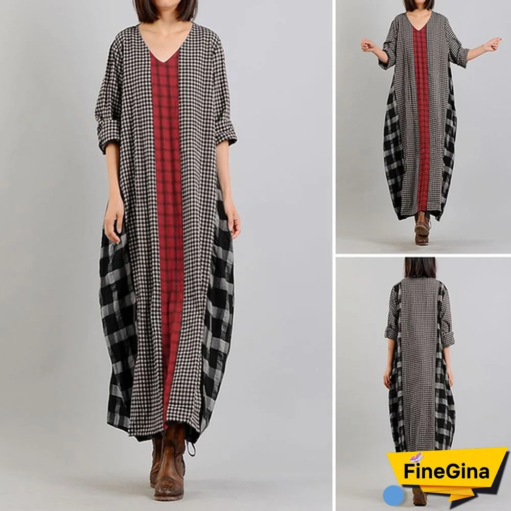 Zanzea Women Fashion V-Neck Plaid Casual Maxi Dress Loose Kaftan Dresses Robes