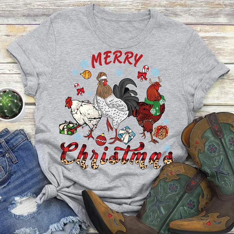 Merry Christmas Farm Chicken Round Neck T-shirt-0019200