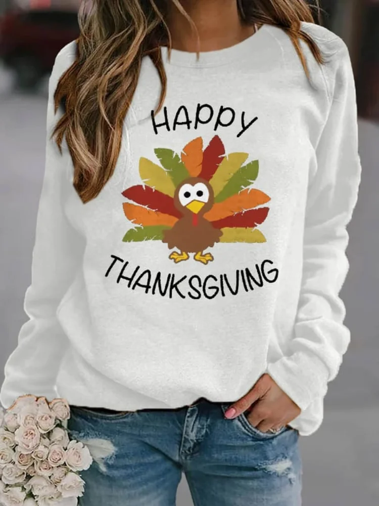 VChics Happy Thanksgiving Turkey Print Solid Sweatshirt