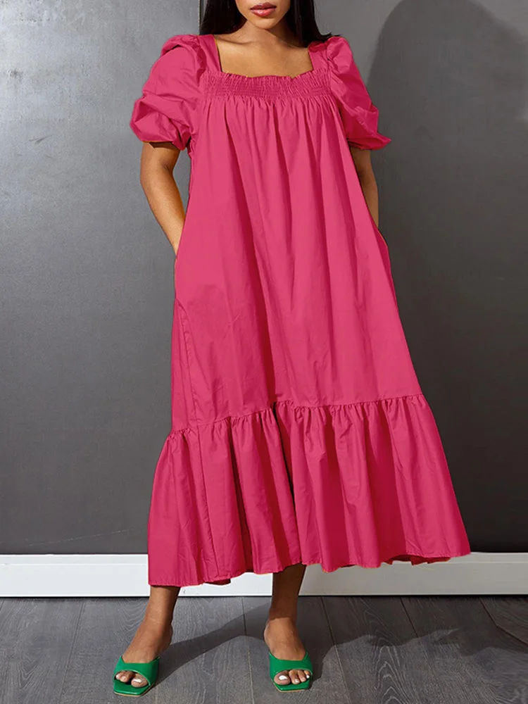 Solid Ruffle Shirring Square Neck Puff Sleeve Maxi Dress SKUJ21414 QueenFunky