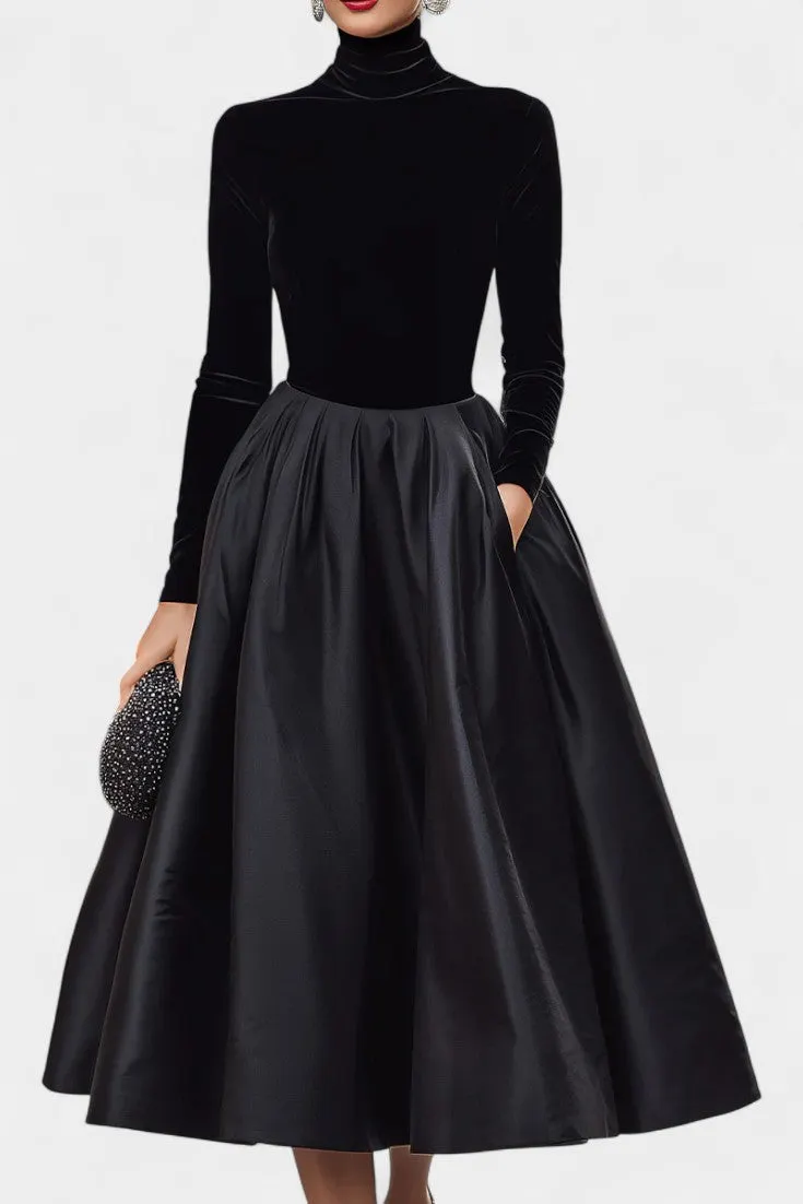 Velvet Turtleneck with Pleated Satin Midi Skirt