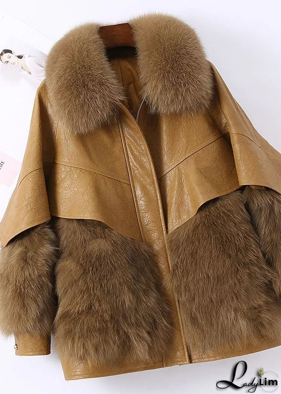 Fitted Khaki Zip Up Fox fur Patchwork Leather Puffer Jacket Winter