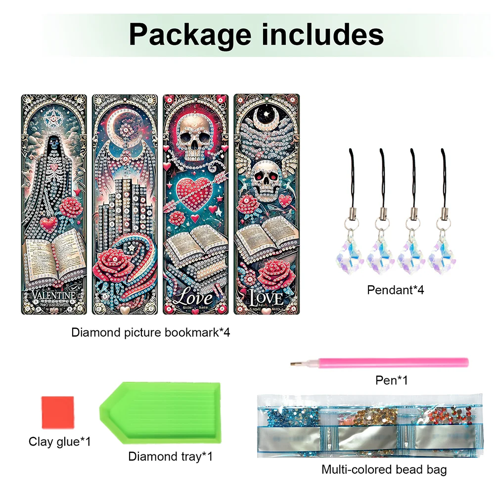 4Pcs Skull Heart Themed DIY Diamond Painting Bookmark for Reading Enthusiasts