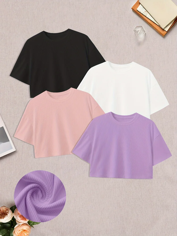 4pcs Women's Solid Color Short Sleeve Top, Ribbed Boat Neck Short Sleeve, Versatile Athleisure Loose Crew Neck T-Shirt, Summer Outing 4pcs Set, Women'