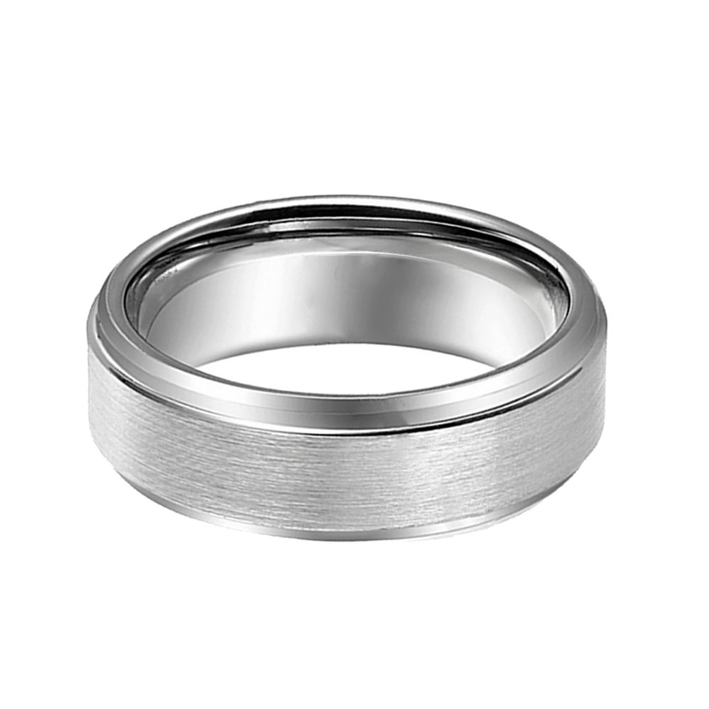 8mm Tungsten Wedding Rings Step Edge Silver Brushed Surface