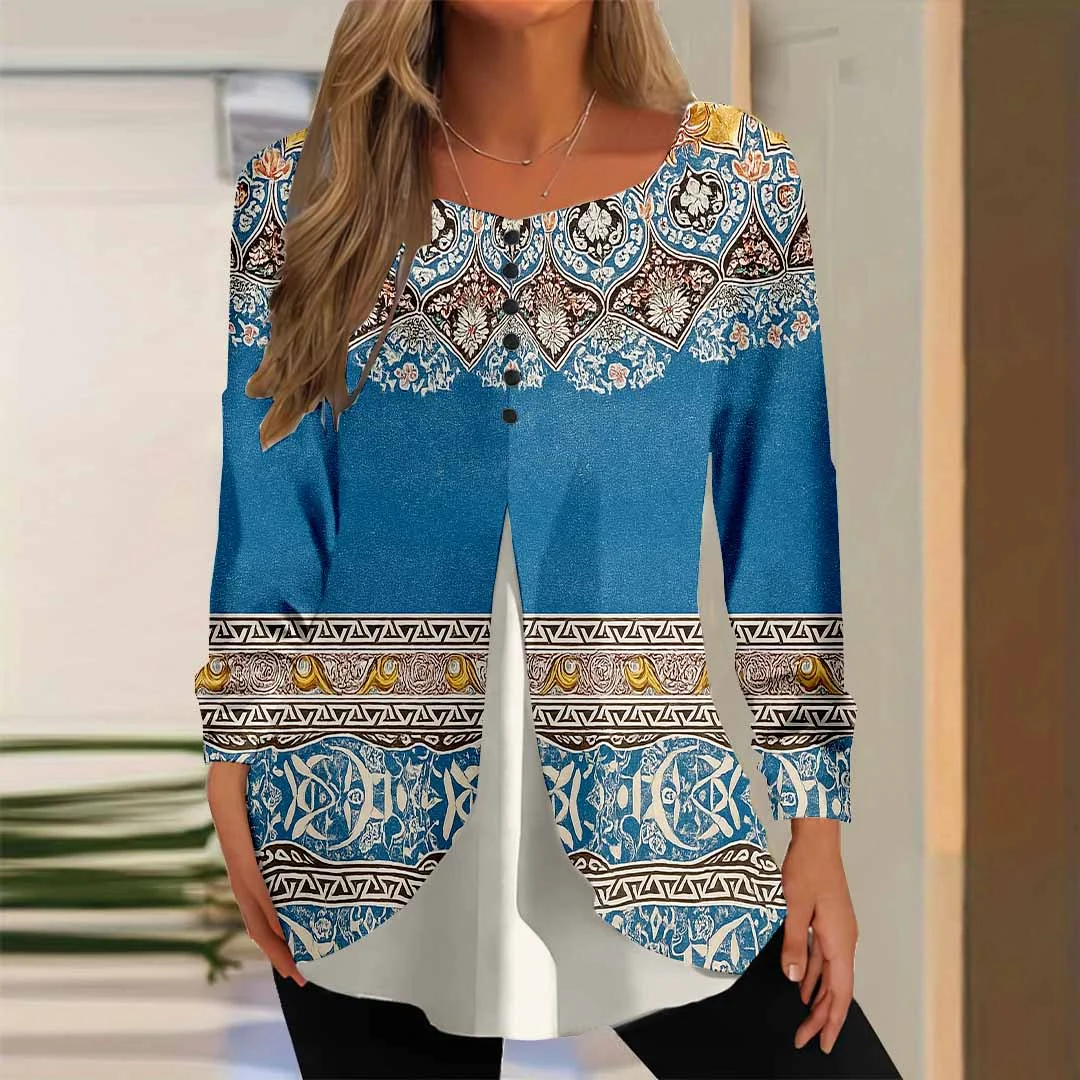 Women Graphic,Blue DZGG8346 Long Sleeve Scoop Neck Printed Graphic Button Fake 2in1 Tops