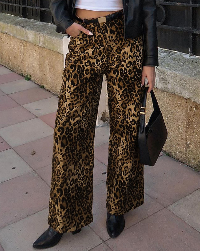 Leopard Print Front Pockets Wide Leg Pants